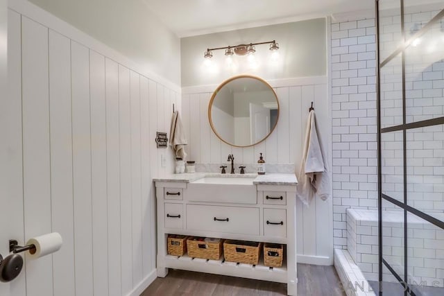 bathroom featuring hardwood / wood-style flooring and vanity