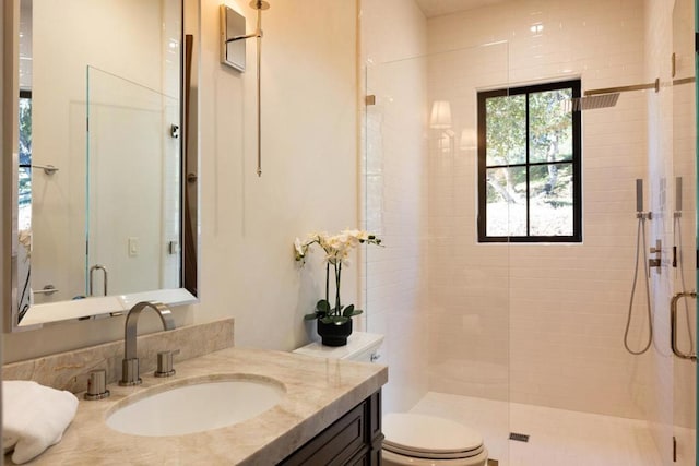 bathroom featuring an enclosed shower, vanity, and toilet