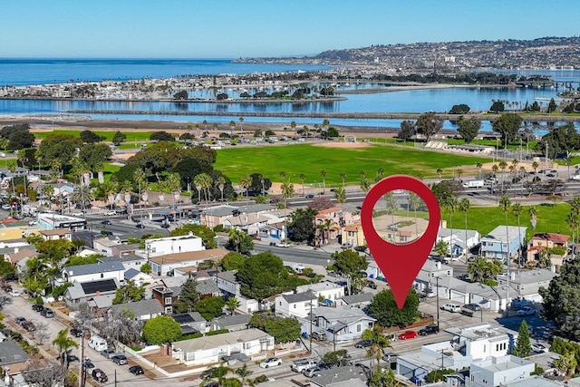 drone / aerial view featuring a water view