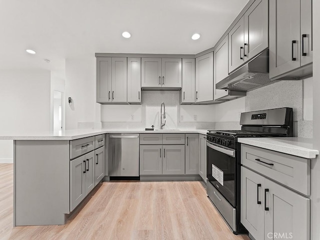 kitchen with appliances with stainless steel finishes, sink, gray cabinets, kitchen peninsula, and light hardwood / wood-style flooring