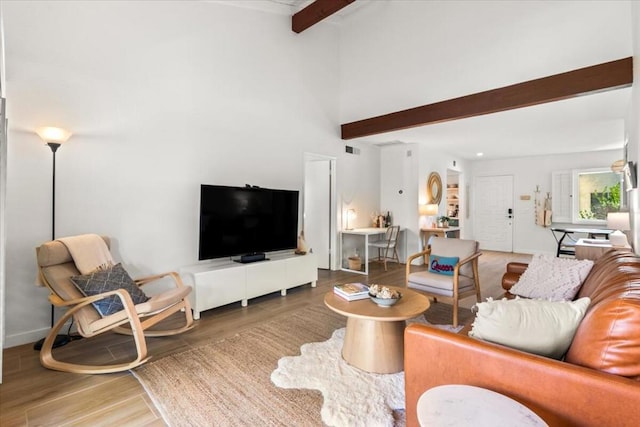 living room featuring wood-type flooring and beamed ceiling