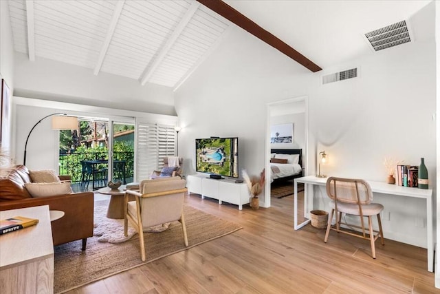 living room with high vaulted ceiling, beam ceiling, wood ceiling, and light wood-type flooring