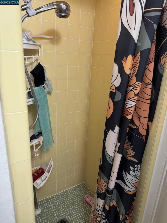 bathroom with a shower with shower curtain