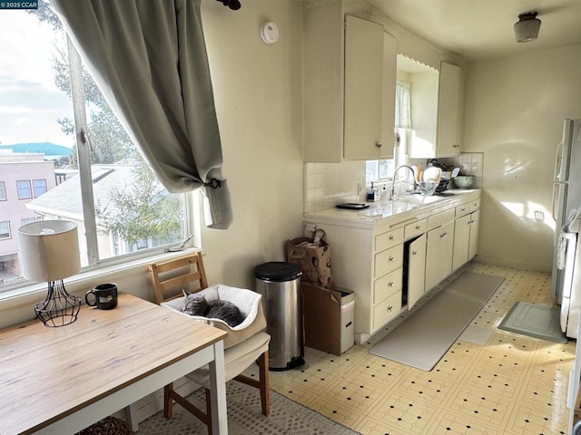 kitchen featuring white fridge, white cabinetry, tasteful backsplash, and sink