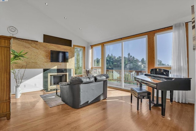 living room featuring light hardwood / wood-style floors, high vaulted ceiling, a healthy amount of sunlight, and a fireplace