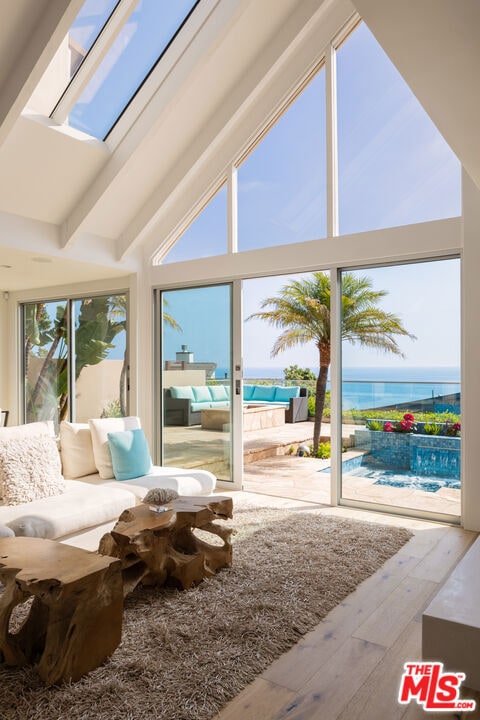 sunroom with a water view and lofted ceiling with skylight