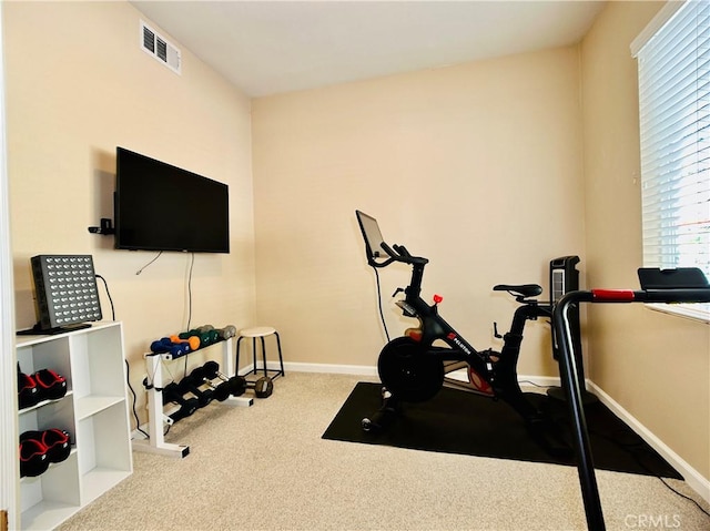 workout area featuring light carpet