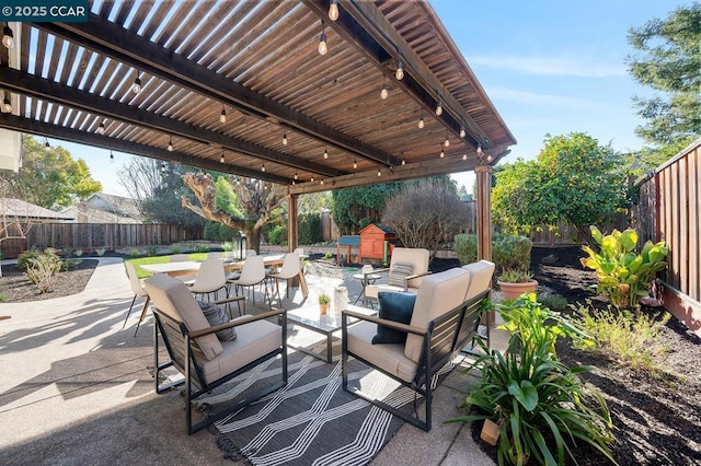 view of patio with an outdoor living space and a pergola