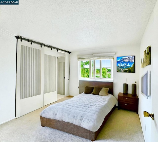 bedroom with a textured ceiling and light carpet