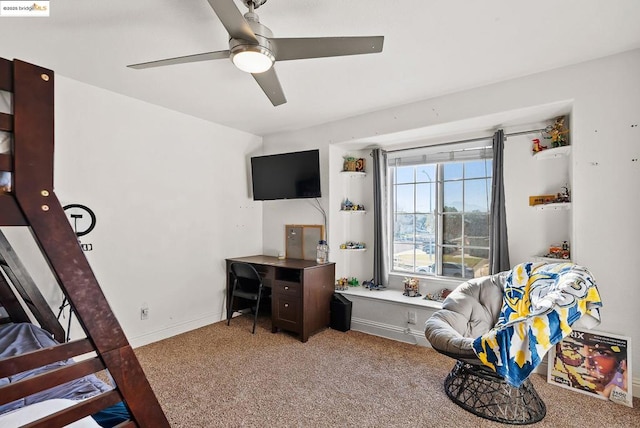 carpeted bedroom featuring ceiling fan