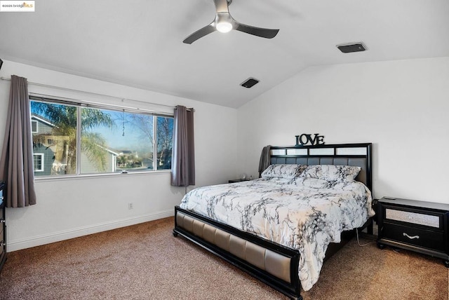 carpeted bedroom featuring ceiling fan and lofted ceiling