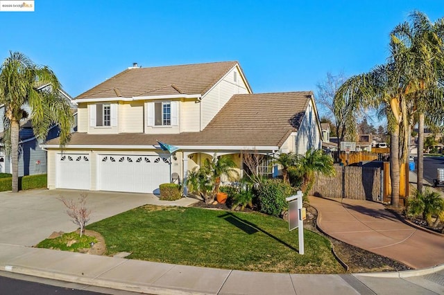 view of front of property featuring a garage and a front lawn