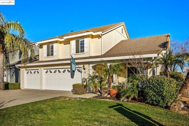 view of front property with a garage and a front lawn