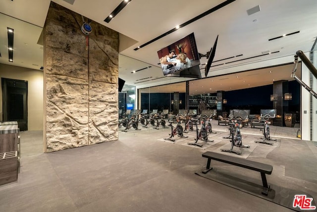 gym featuring a large fireplace