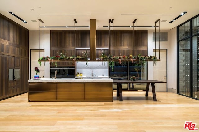 kitchen with hanging light fixtures, sink, wood walls, and light hardwood / wood-style floors