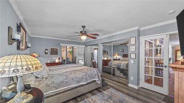 bedroom featuring ceiling fan, dark hardwood / wood-style flooring, and ornamental molding