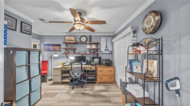 office with ceiling fan, crown molding, a textured ceiling, and light hardwood / wood-style floors