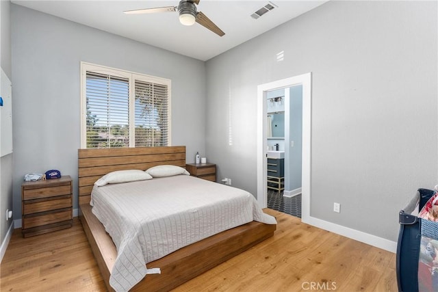 bedroom featuring ceiling fan and light hardwood / wood-style flooring