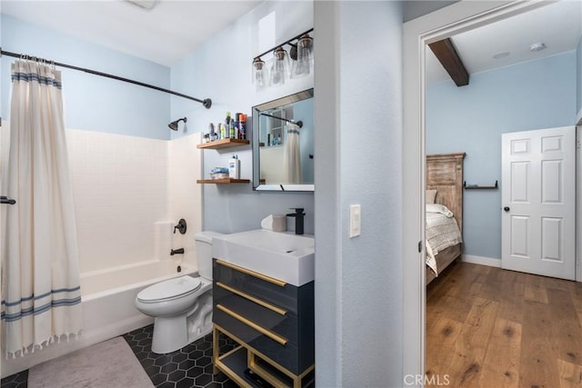 full bathroom with toilet, hardwood / wood-style flooring, shower / bath combo with shower curtain, beam ceiling, and vanity