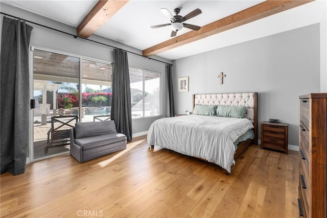 bedroom featuring ceiling fan, beam ceiling, access to outside, and light hardwood / wood-style floors