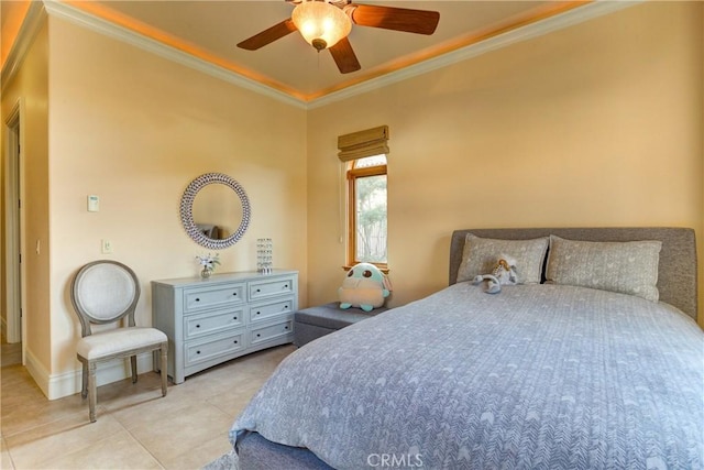 bedroom with ceiling fan, light tile patterned flooring, and crown molding