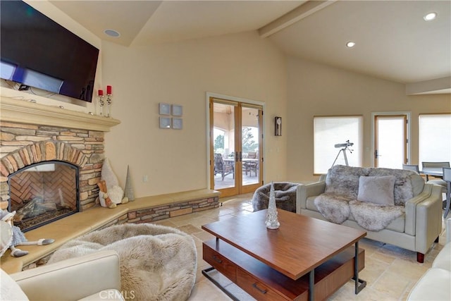 living room with high vaulted ceiling, beam ceiling, french doors, and a fireplace