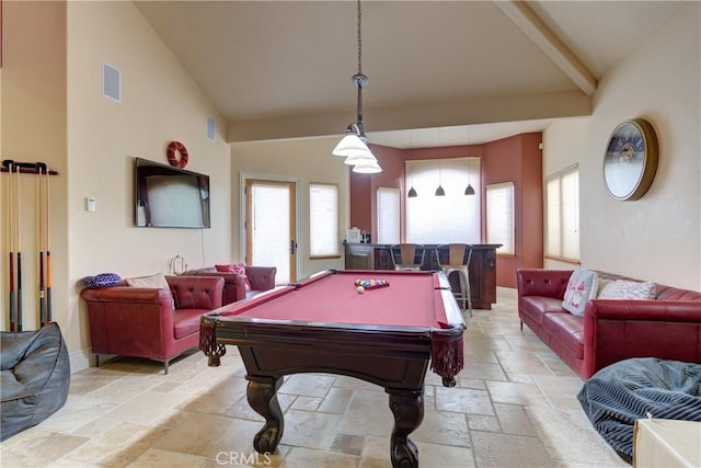 game room with high vaulted ceiling, plenty of natural light, beamed ceiling, and pool table