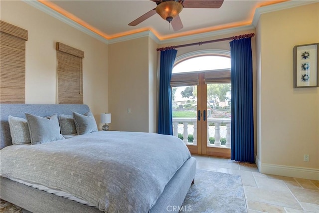 bedroom with ceiling fan, french doors, and crown molding