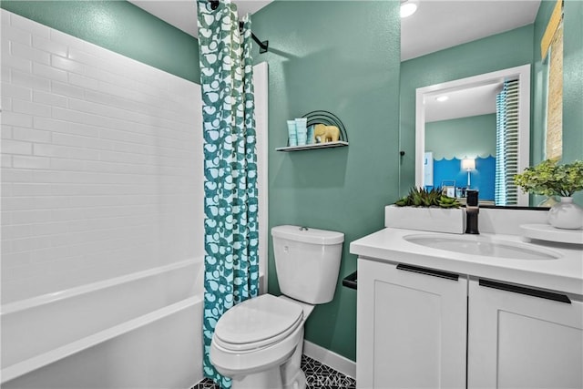 full bathroom with toilet, vanity, and shower / bathtub combination with curtain