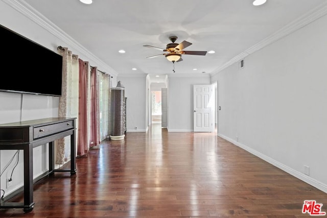 unfurnished living room with ceiling fan, dark wood-type flooring, and crown molding