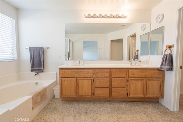 bathroom featuring plenty of natural light, a washtub, and vanity