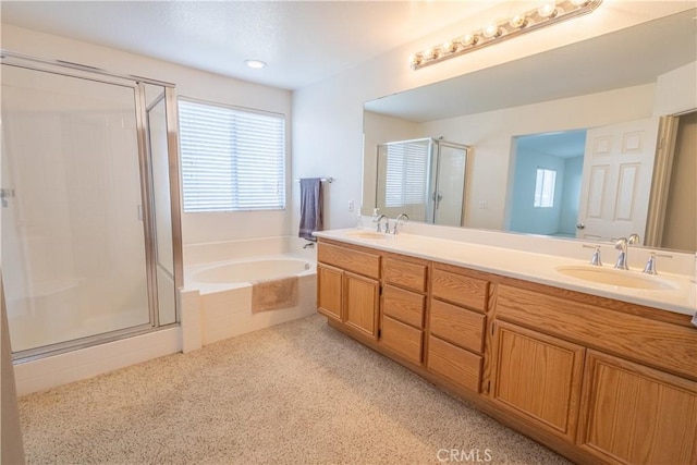 bathroom with vanity and plus walk in shower