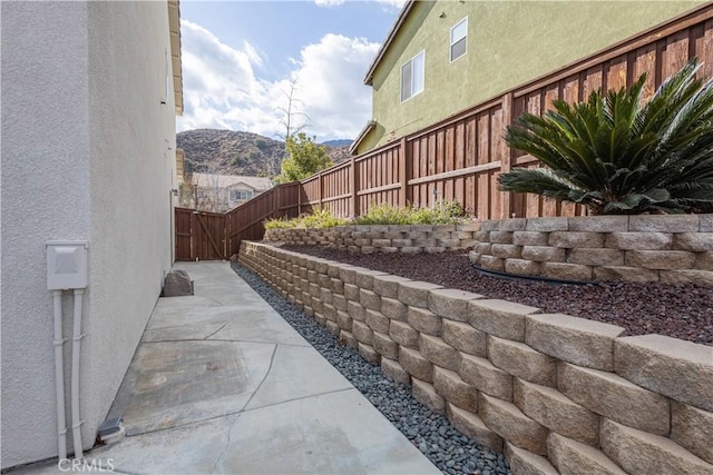 view of yard with a mountain view and a patio area