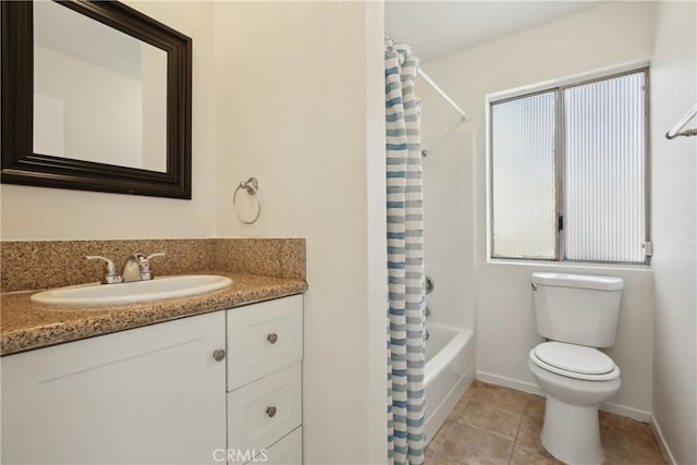 full bathroom featuring toilet, shower / bathtub combination with curtain, tile patterned floors, and vanity