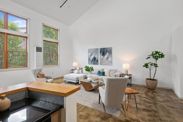 living room with high vaulted ceiling