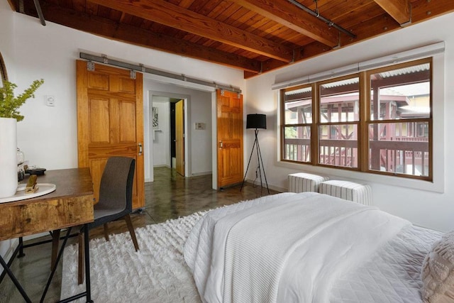 bedroom featuring wood ceiling, multiple windows, beam ceiling, and a barn door