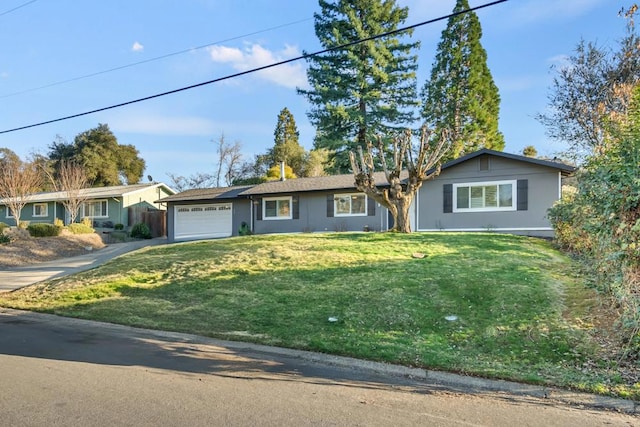 ranch-style home featuring a front lawn and a garage