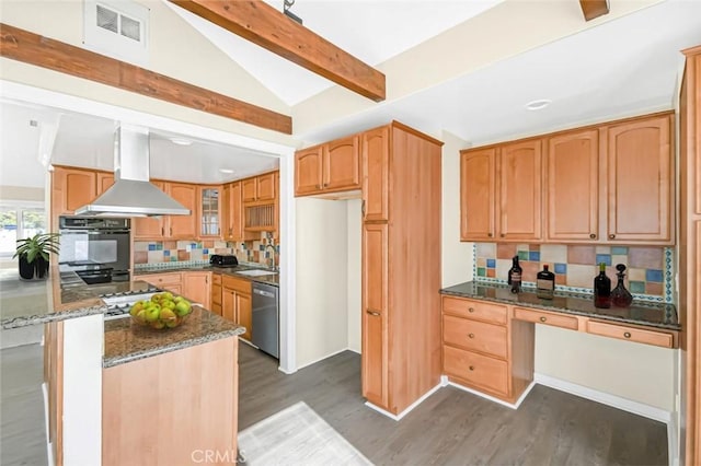 kitchen featuring stainless steel dishwasher, dark stone counters, island range hood, and dark hardwood / wood-style floors