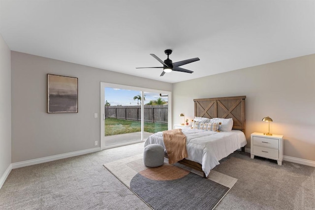 bedroom with access to outside, ceiling fan, and carpet floors