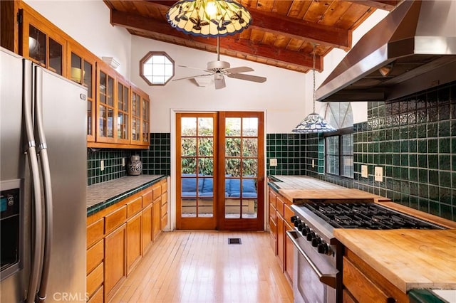 kitchen with wooden ceiling, appliances with stainless steel finishes, butcher block counters, and exhaust hood