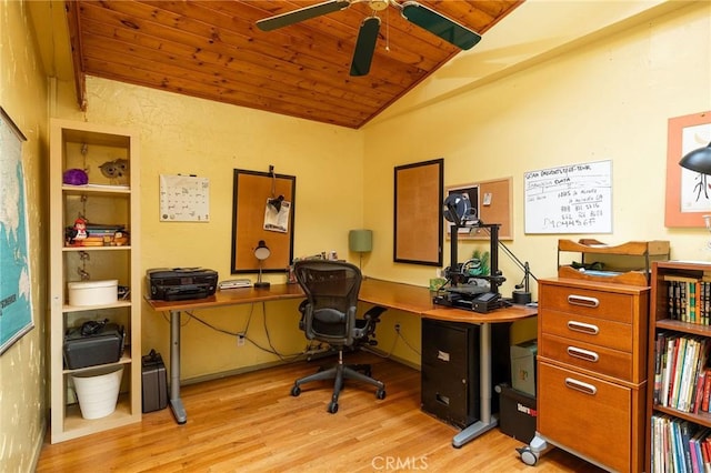 office featuring lofted ceiling, wooden ceiling, light hardwood / wood-style floors, and ceiling fan