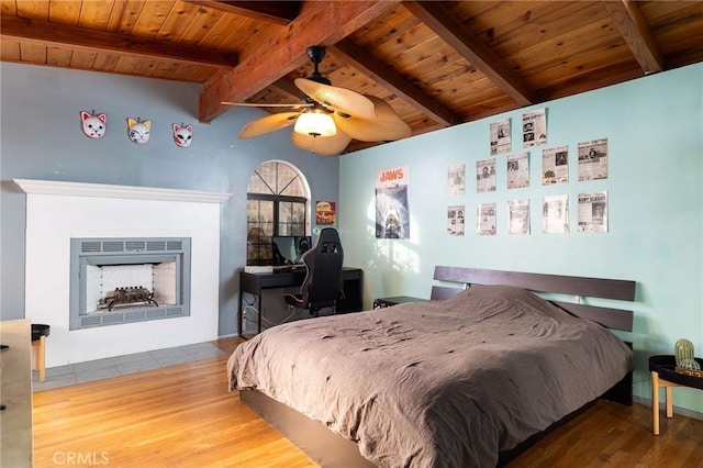 bedroom with wood-type flooring, vaulted ceiling with beams, wood ceiling, and ceiling fan