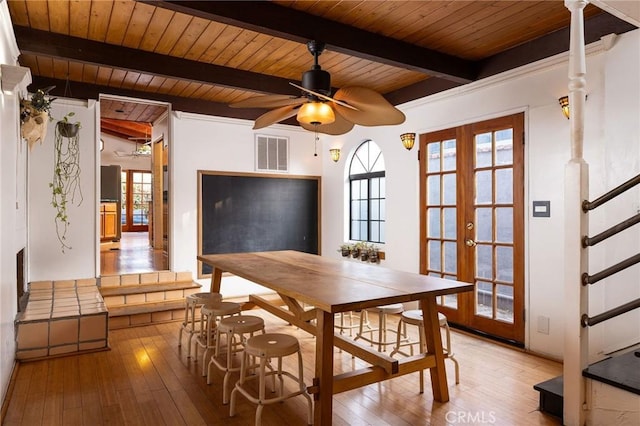 dining room featuring french doors, beam ceiling, light wood-type flooring, and wooden ceiling