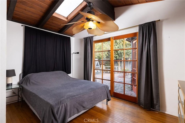 bedroom with ceiling fan, wood-type flooring, vaulted ceiling with skylight, and wooden ceiling