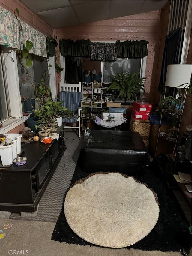 living room featuring a drop ceiling