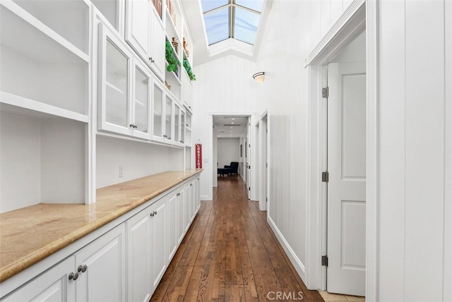 hall featuring dark hardwood / wood-style flooring and lofted ceiling with skylight