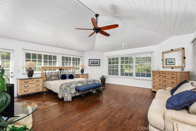 bedroom featuring ceiling fan, lofted ceiling, dark hardwood / wood-style floors, and wooden ceiling