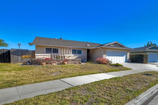 ranch-style house with a garage and a front lawn