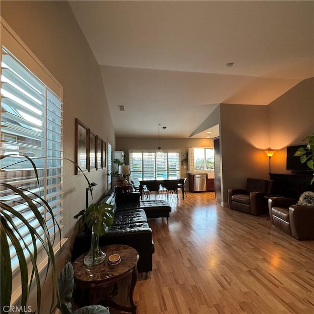 living room with wood-type flooring and vaulted ceiling