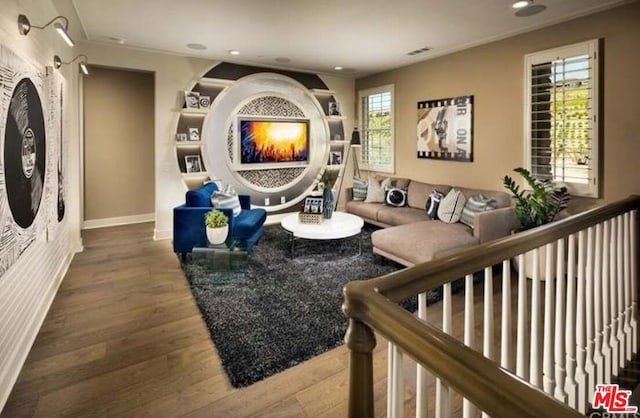 living room with dark wood-type flooring